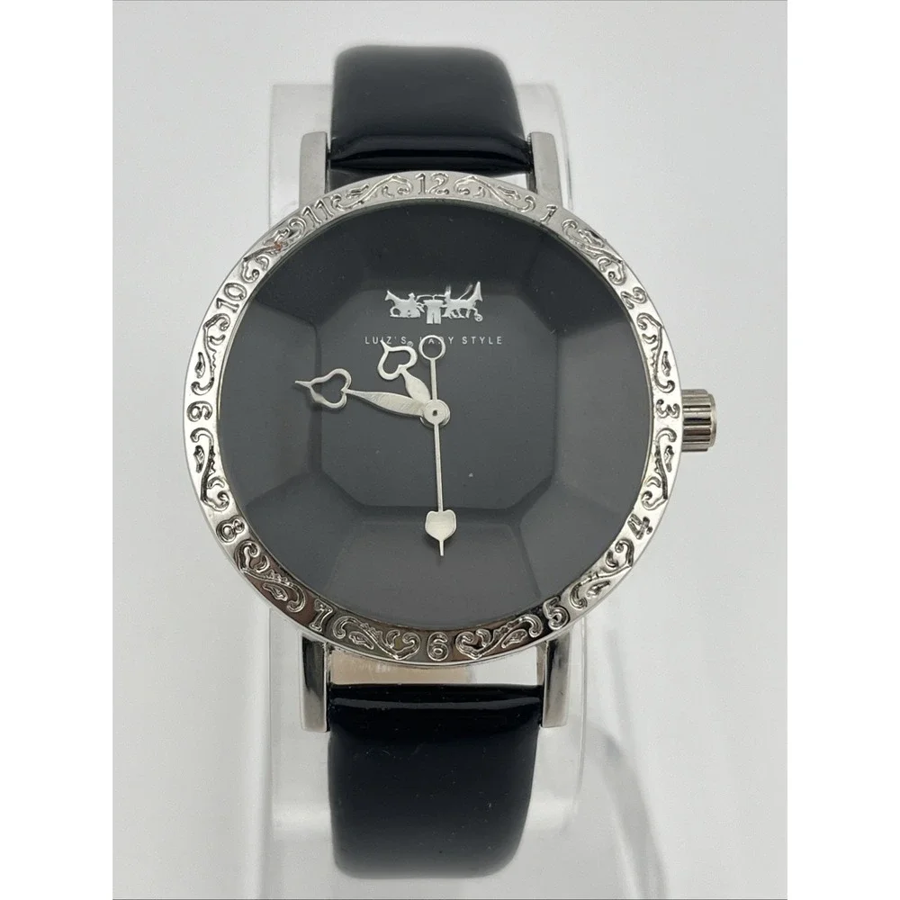 Luiz's Lady Style Watch 38mm Faceted Crystal Black Leather Band- New Battery‎